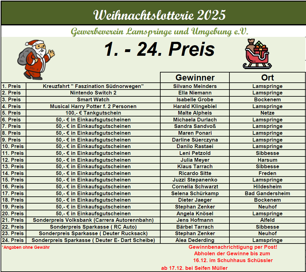 Weihnachtslotterie 2025 Gewinnerliste 1. - 24. Preis